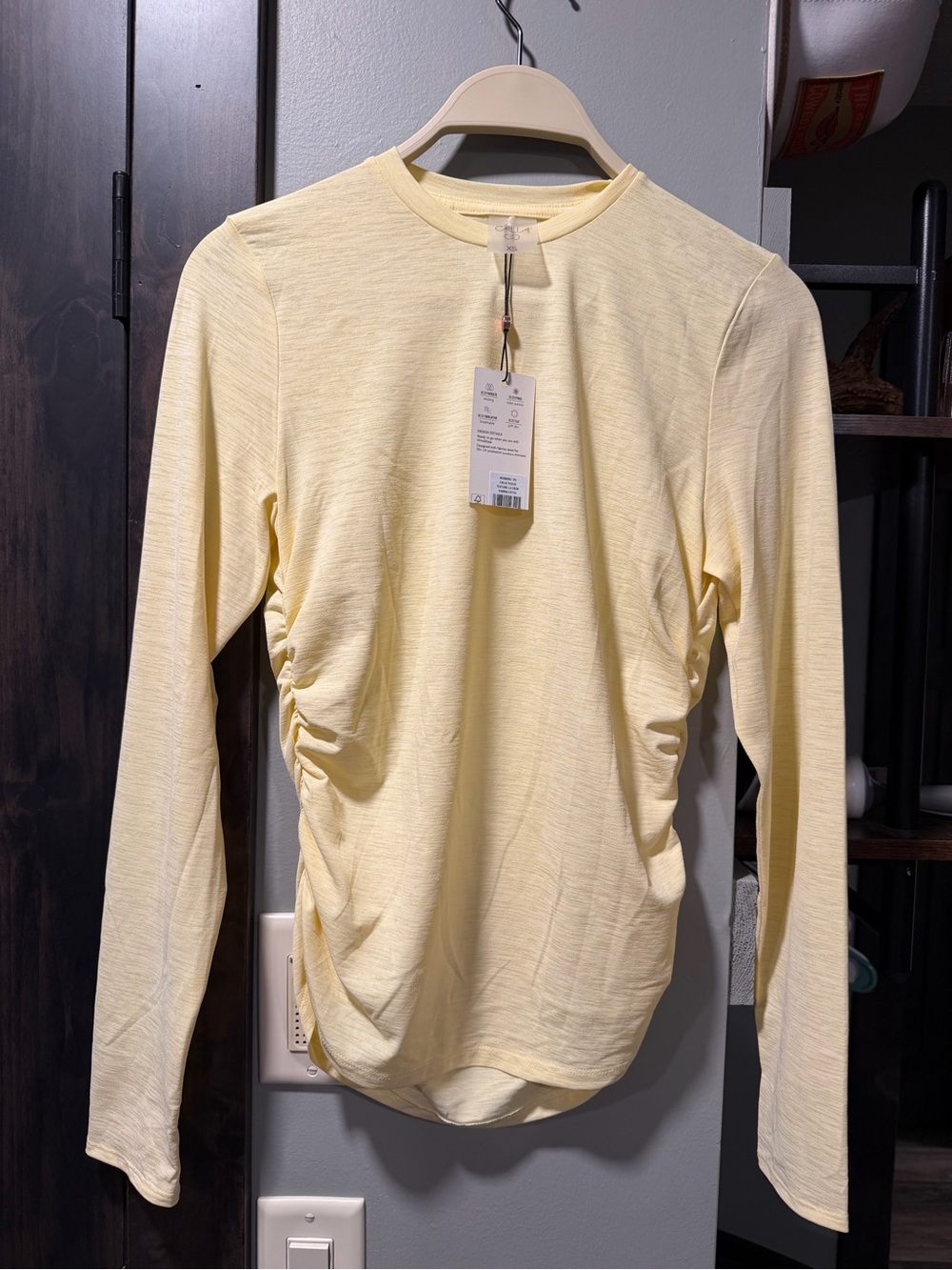 Calia Tissue Texture Long Sleeve Crew Shirt XS NWT Panna Cotta Ruched